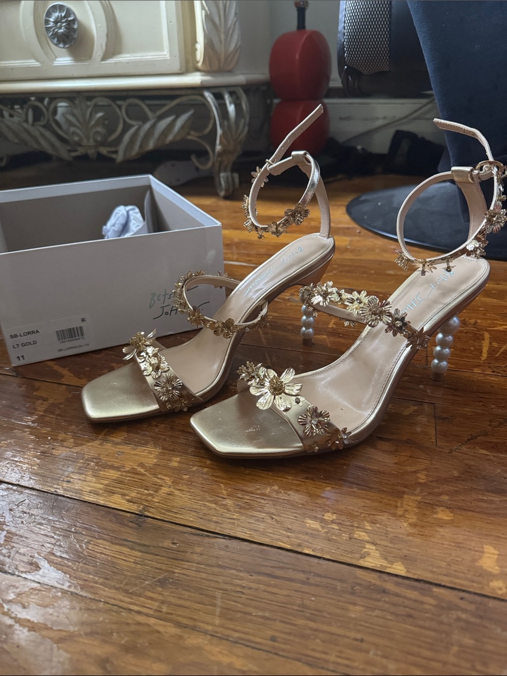 Betsey Johnson Gold Floral Ankle-Strap Heels - Picture 2 of 4